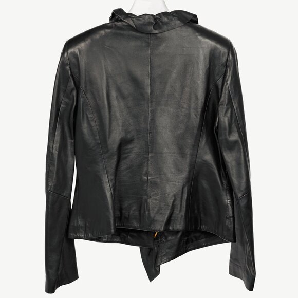 Escada Luloo Black Leather Ruffle-Trim Jacket - Picture 2 of 10